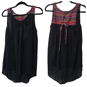 Boutique Tank Top Woven Boho Multi Stripe Cutout Back Sz L Gauze Body Black